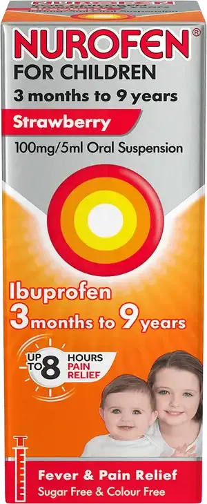 Nurofen for Children Ibuprofen Strawberry 100mg/5ml, 100ml product packaging