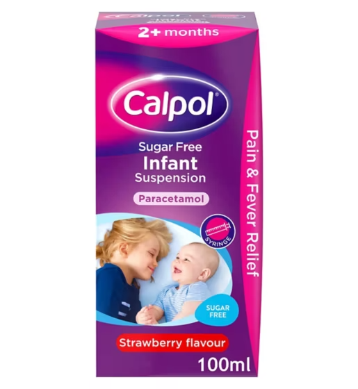 Calpol Sugar-Free Infant Suspension (strawberry) 120mg/5ml, 100ml product packaging