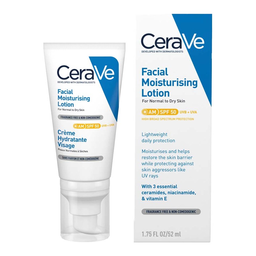CeraVe AM Facial Moisturising Lotion SPF 50 52ml product packaging
