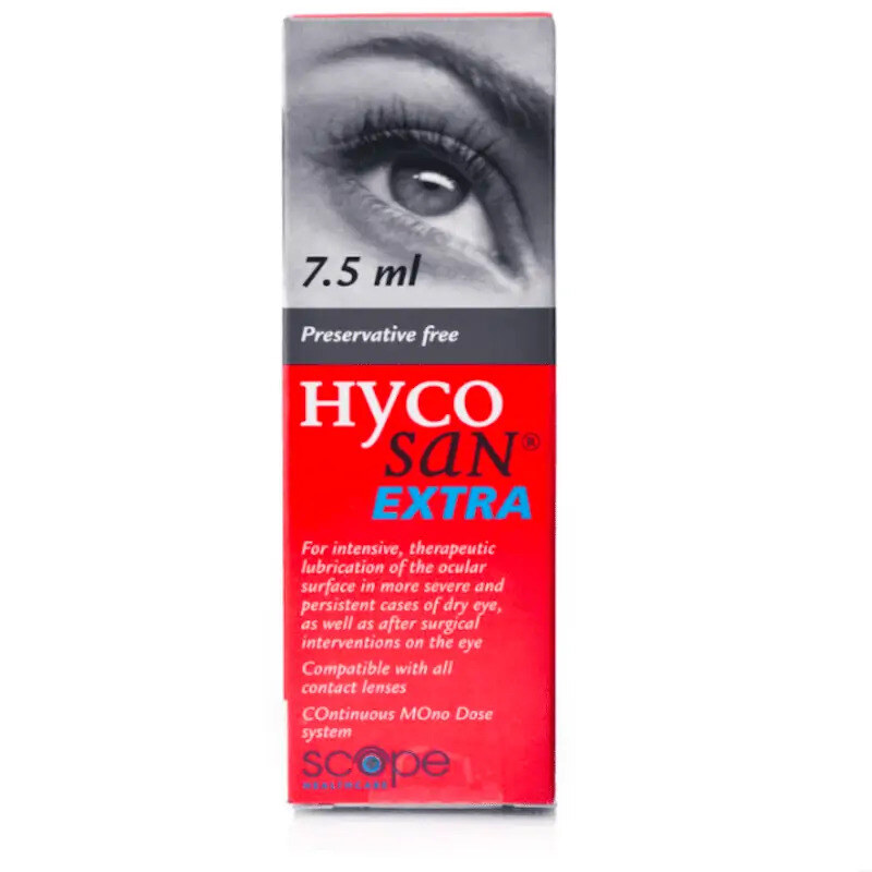Hycosan Extra Dry Eye Drops 0.2% sodium hyaluronate, 7.5ml product packaging