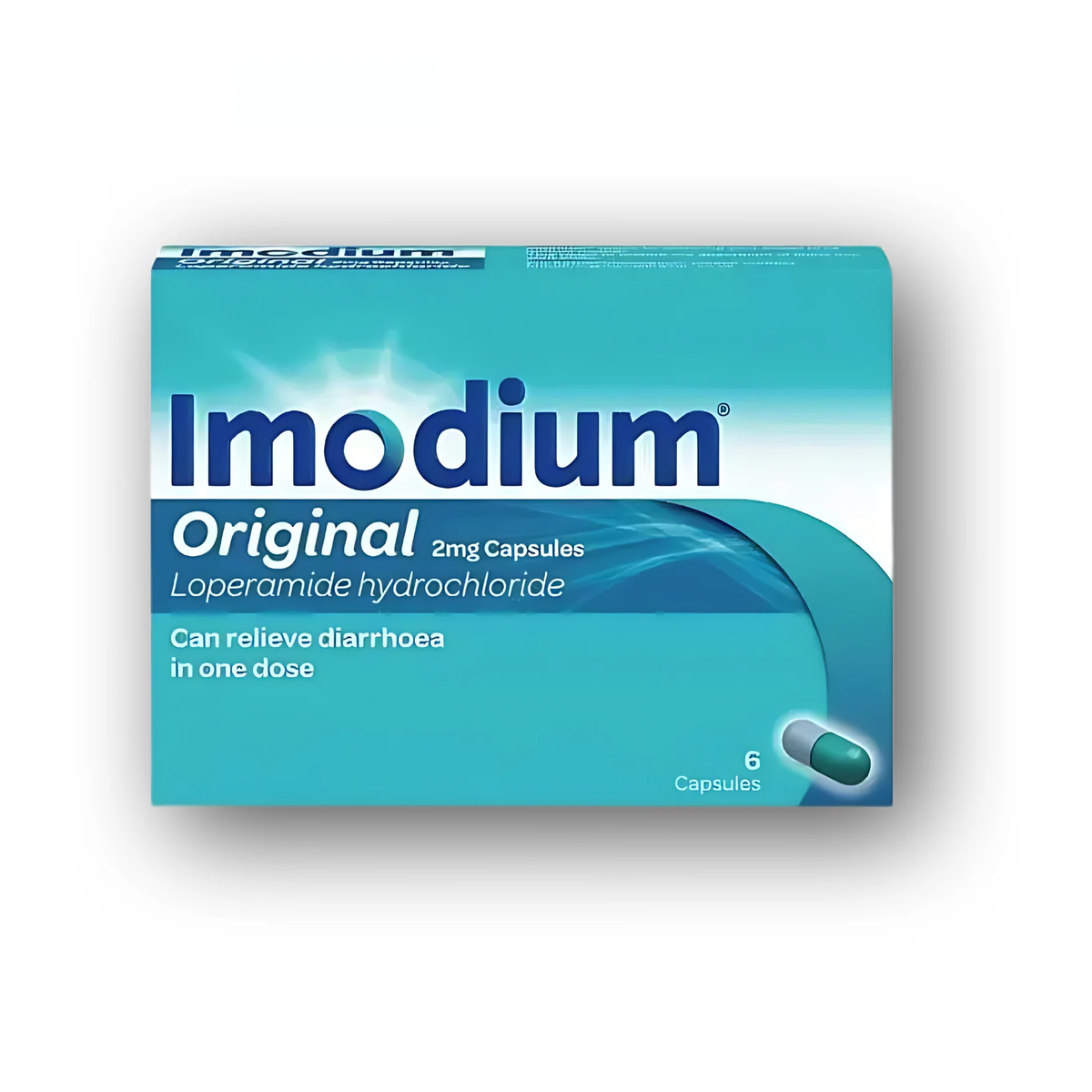 Imodium Original Loperamide Capsules 2mg, 6 capsules product packaging