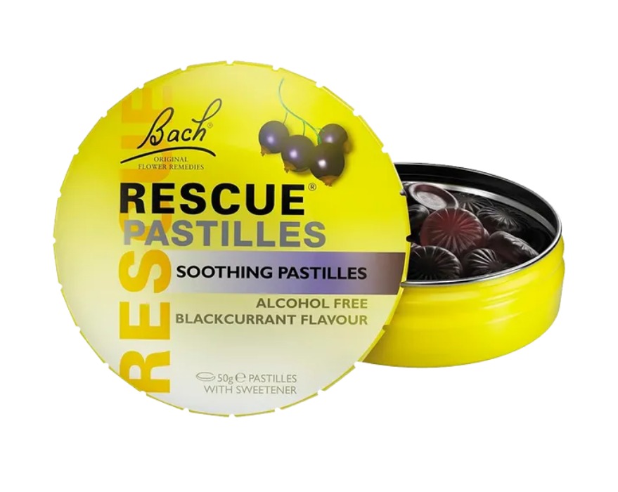 Rescue Remedy Pastilles Blackcurrant 50g tin product packaging