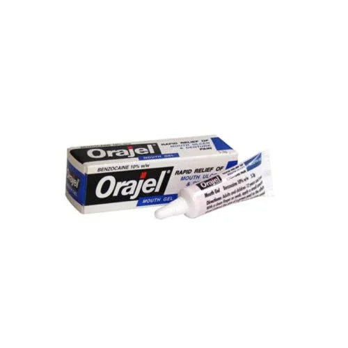 Orajel Mouth Ulcer & Denture Pain Relief Gel 10% benzocaine, 5.3g product packaging