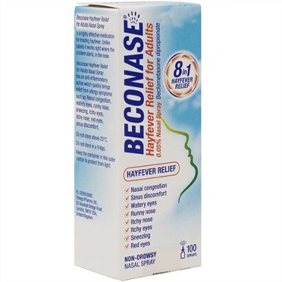 Beconase 8-in-1 Hayfever Relief Nasal Spray 50mcg, 100 sprays product packaging