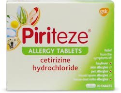 Piriteze Hayfever & Allergy Tablets 10mg cetirizine, 30 tablets product packaging