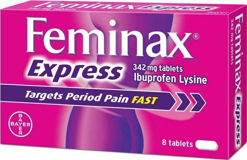 Feminax Express Period Pain Tablets 342mg ibuprofen lysine, 16 tablets product packaging